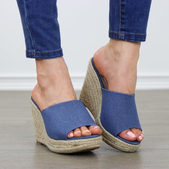 Blue Denim Slip On Espadrille Wedge Sandals - Picture 6 of 9